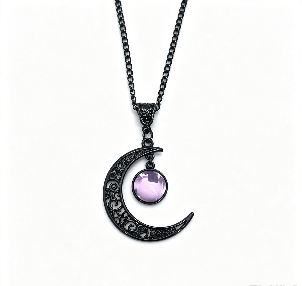 Gothic Dark Crystal Beaded Chain Necklace with Hollow Out Moon Alloy Pendant🖤🌙