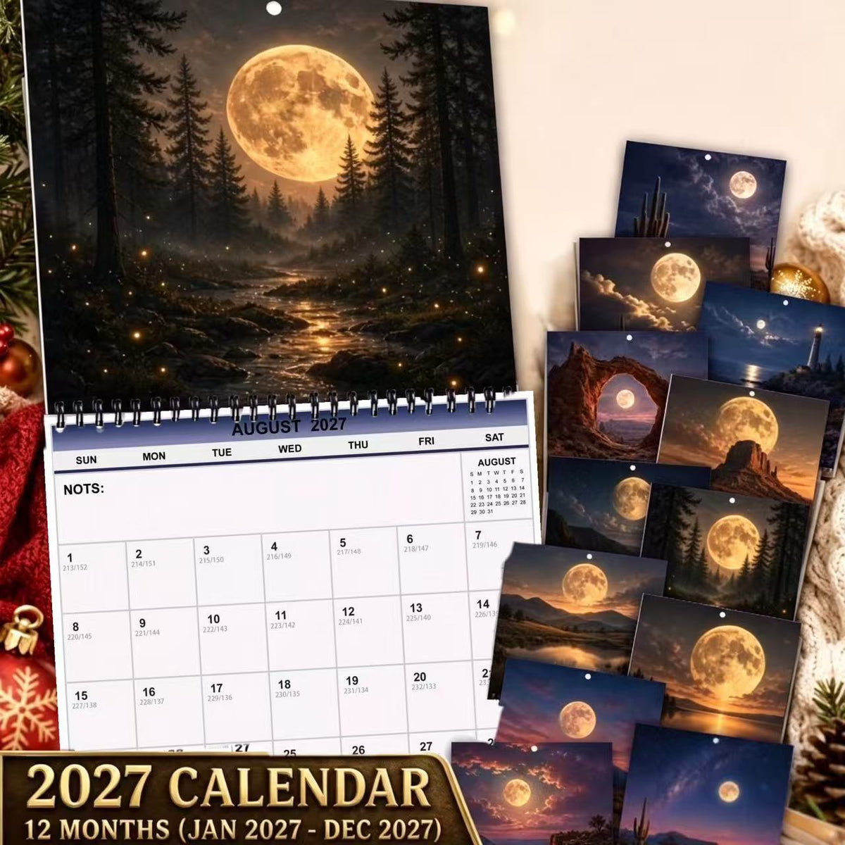 2027 Moon Phase Wall Calendar, Spiral Bound Lunar Art Gift Decor