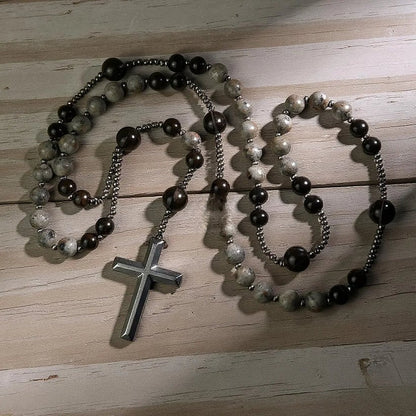Natural Obsidian Yooperlite Rosary Necklace, UV Reactive Energy Protection Healing Crystal