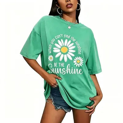 Women's Summer T-Shirt: Sunshine Graphic,solid colors, Double Stitching, Breathable, Loose Fit, Casual Basic Tee for Daily Wear💗