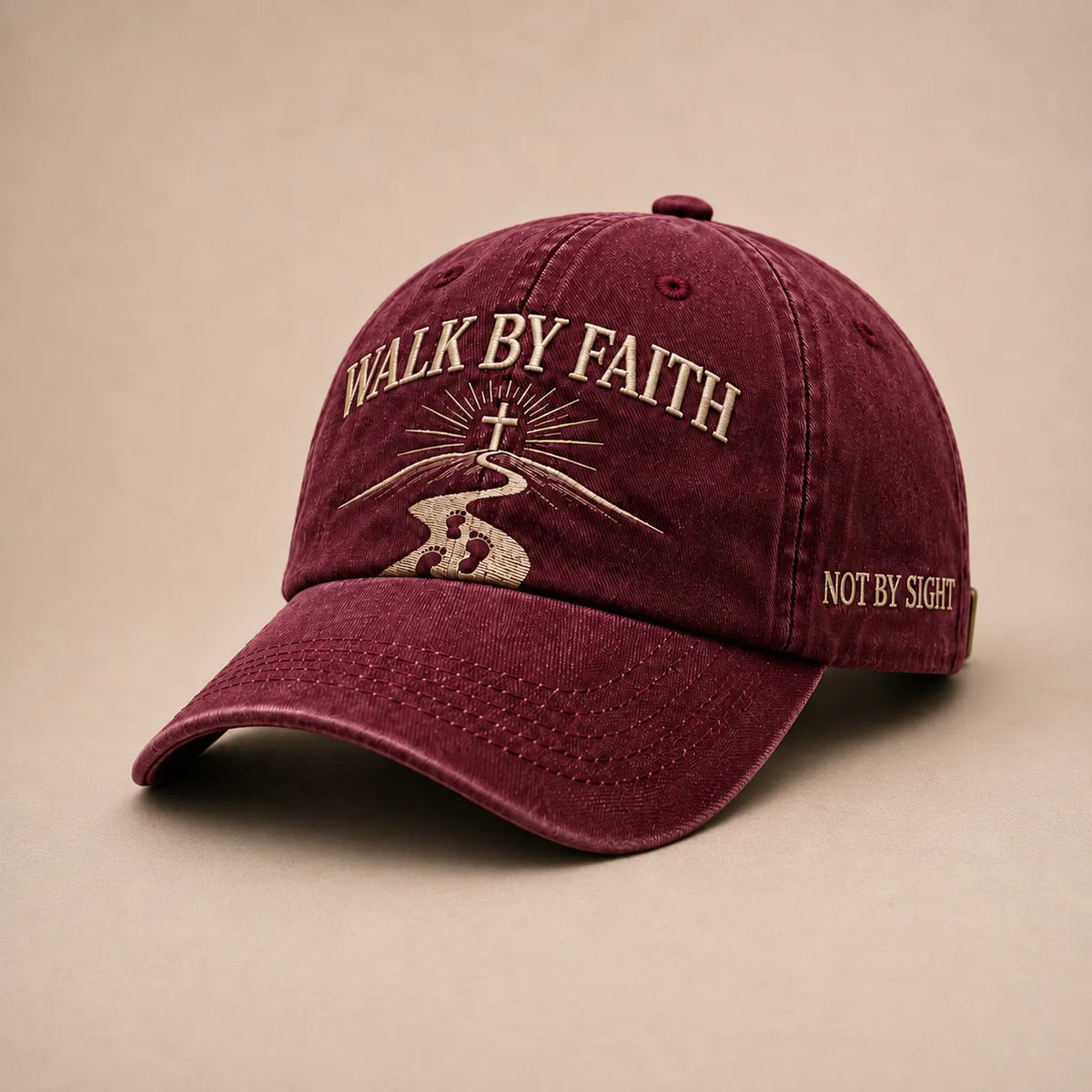 Walk By Faith burgundy vintage embroidered Christian baseball cap