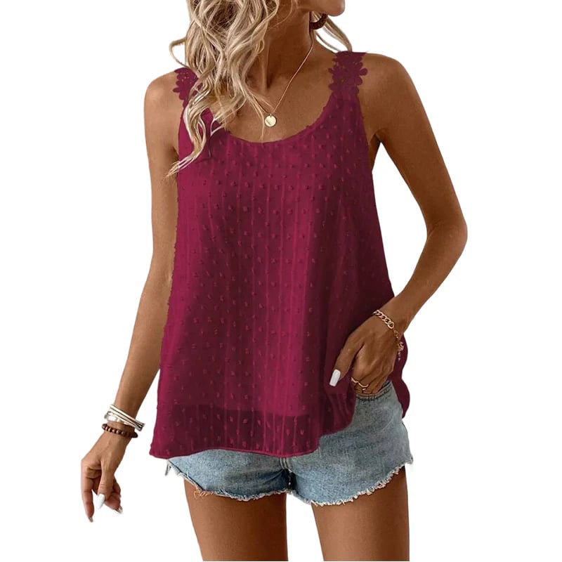 👚⏰ Elegant Dot Lace Strap Tank Top – Soft & breathable – Delicate lace straps, flattering fit – perfect for layering or summer chic 🌸