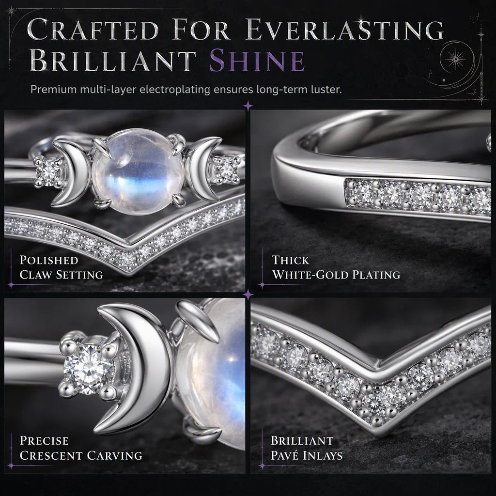 🌙✨ Vintage Gothic Crescent Moon Moonstone Ring – Platinum Plated V-Shaped Prong Setting, Pavé Sparkle & Ergonomic Comfort – Mystical Elegance for Every Day 💍