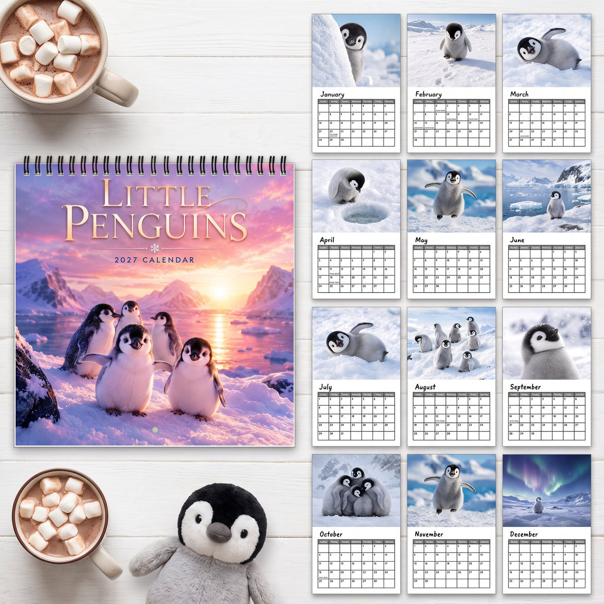 🐧 Penguin Wall Calendar 2027, Cute Monthly Planner With Notes At Home