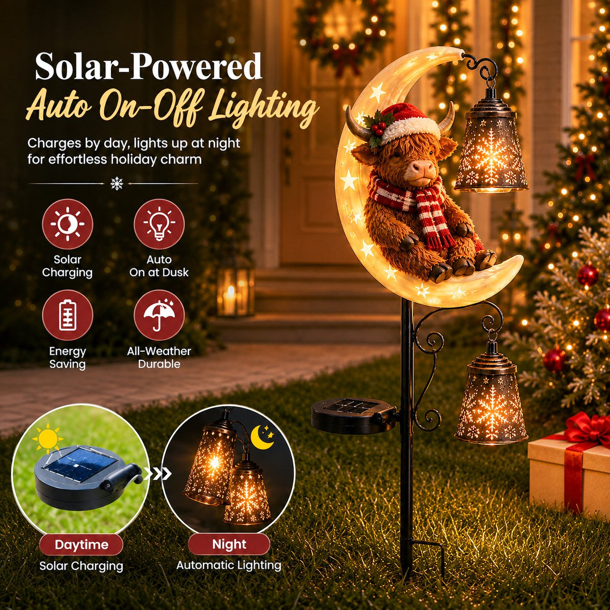 🌙 Highland Cow Moon Solar Garden Light