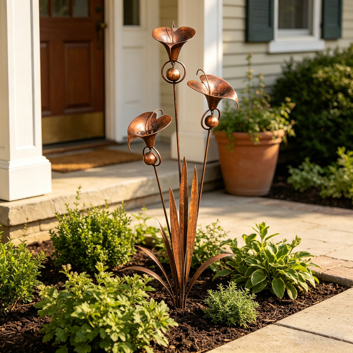 Flamed Copper Three Calla Lilies Garden Stake with Bells, 24" Handcrafted Outdoor Yard Art
