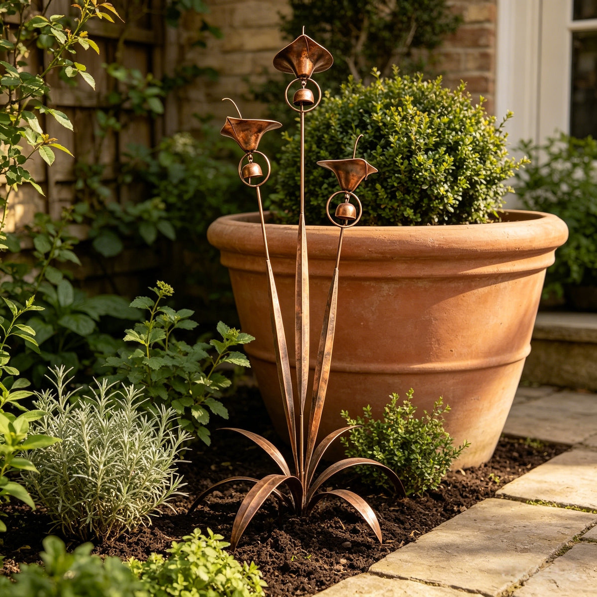 Flamed Copper Three Calla Lilies Garden Stake with Bells, 24" Handcrafted Outdoor Yard Art