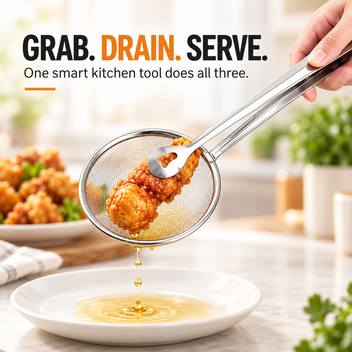 🔥（BUY 1 GET 1 FREE）2-in-1 Stainless Steel Strainer Tongs – Grab, Drain & Serve with One Tool