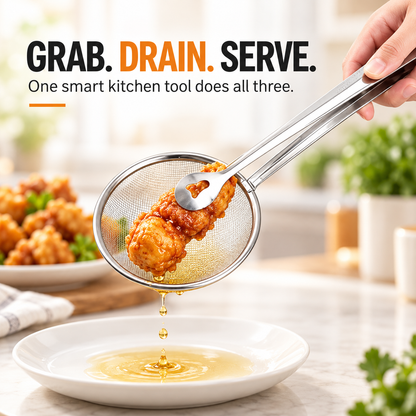 🔥（BUY 1 GET 1 FREE）2-in-1 Stainless Steel Strainer Tongs – Grab, Drain & Serve with One Tool