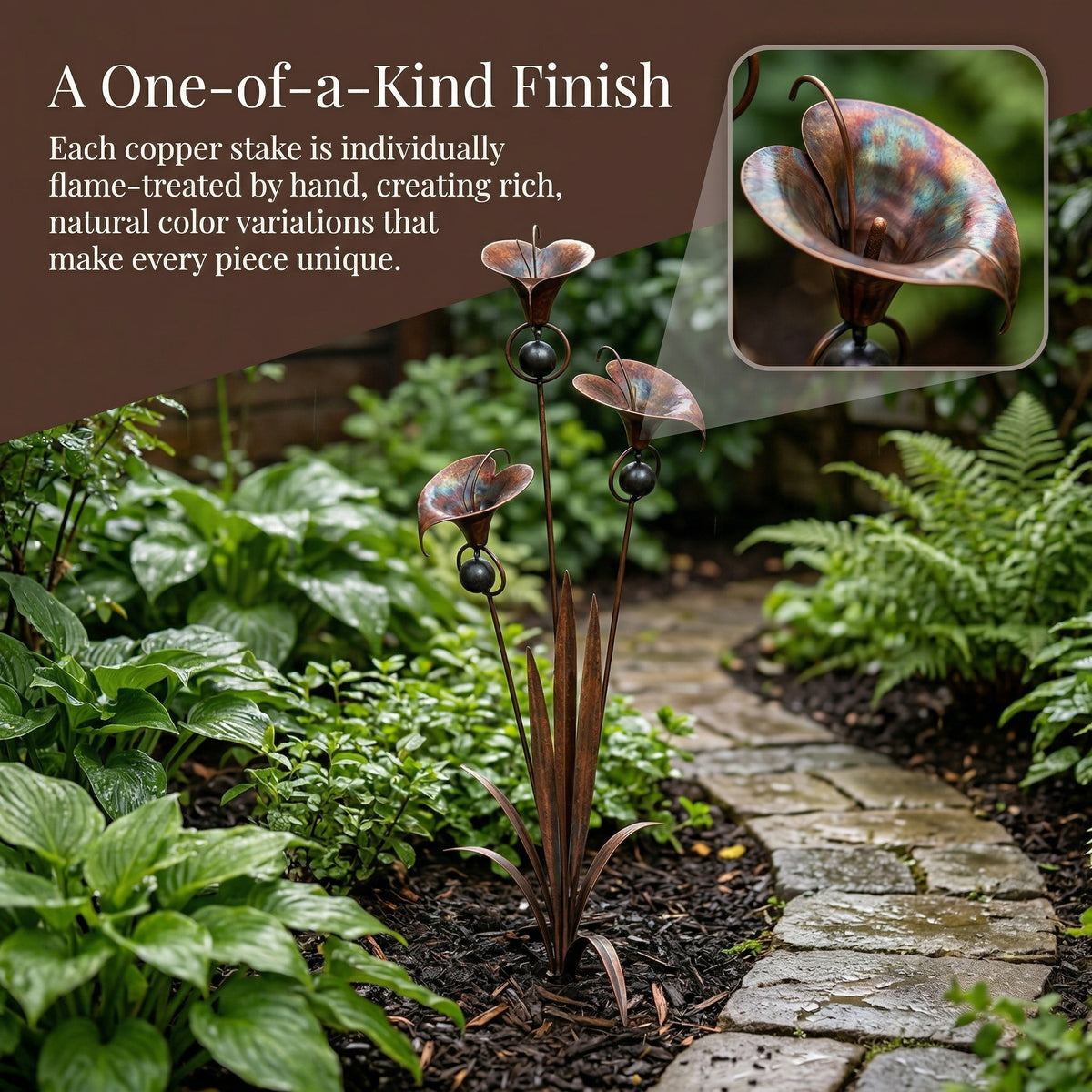 Flamed Copper Three Calla Lilies Garden Stake with Bells, 24" Handcrafted Outdoor Yard Art