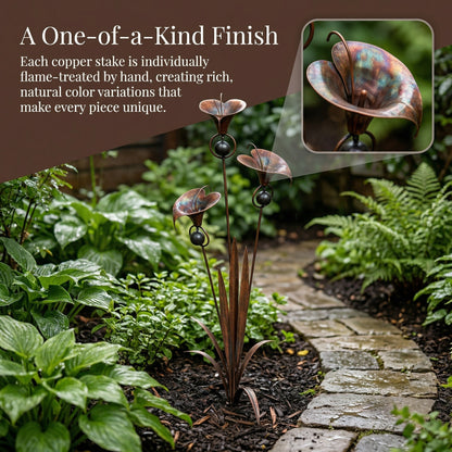 Flamed Copper Three Calla Lilies Garden Stake with Bells, 24" Handcrafted Outdoor Yard Art