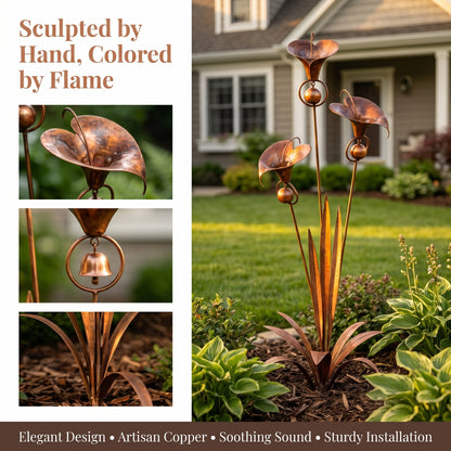 Flamed Copper Three Calla Lilies Garden Stake with Bells, 24" Handcrafted Outdoor Yard Art