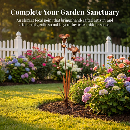 Flamed Copper Three Calla Lilies Garden Stake with Bells, 24" Handcrafted Outdoor Yard Art