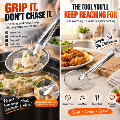 🔥（BUY 1 GET 1 FREE）2-in-1 Stainless Steel Strainer Tongs – Grab, Drain & Serve with One Tool