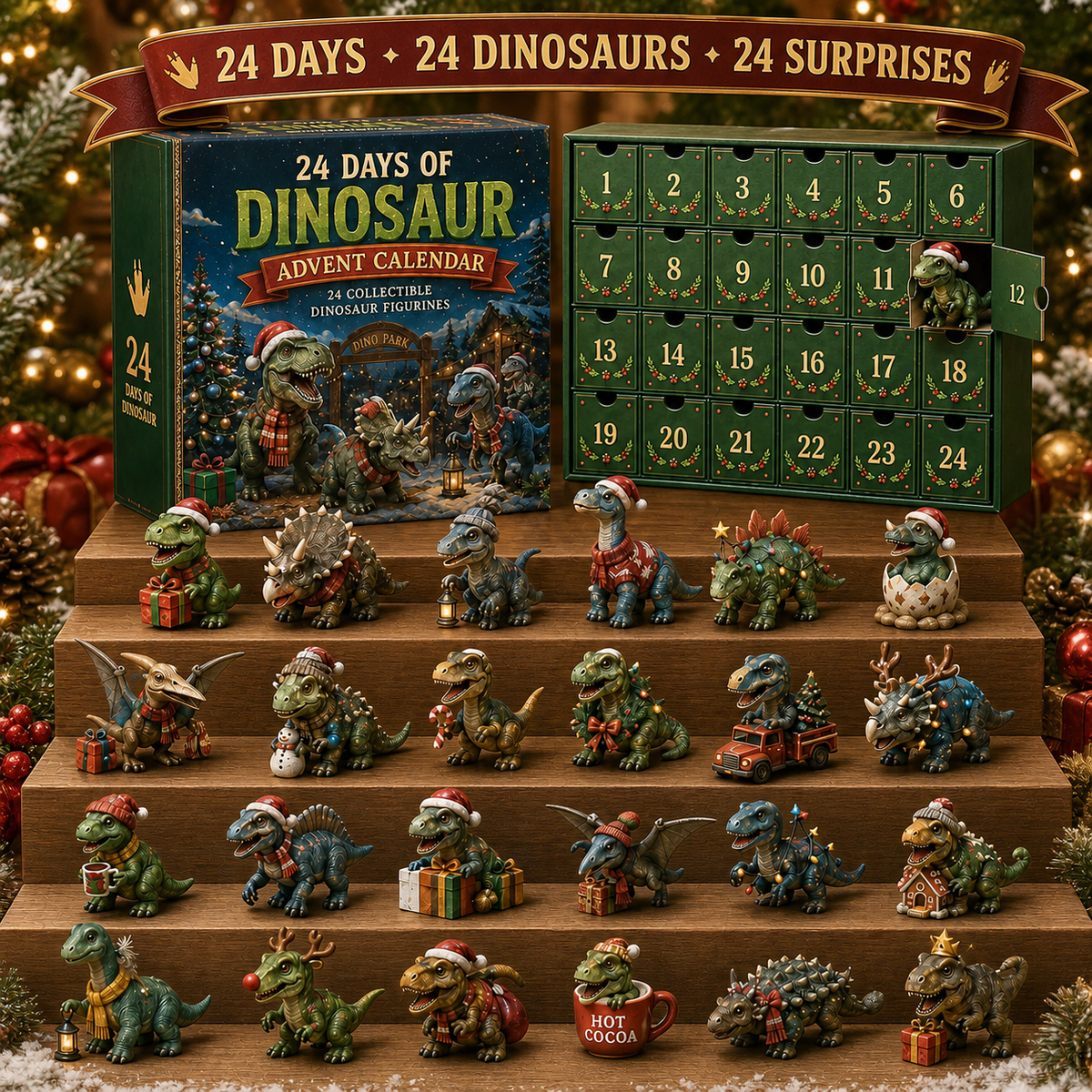 🦖24 Days of Dinosaur Christmas Advent Calendar – 24 Collectible Dino Figurines Holiday Surprises（2D）
