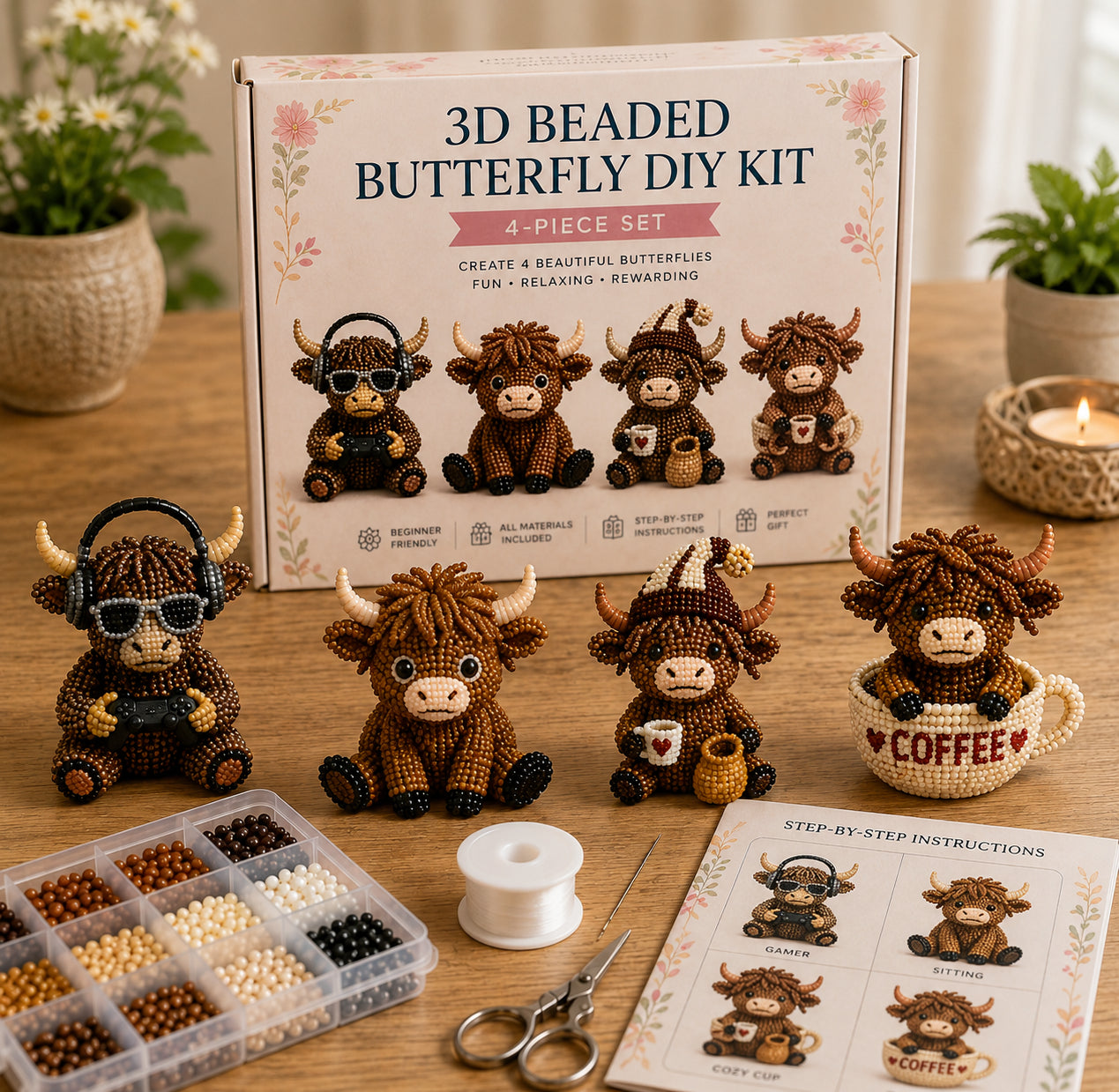 3D Highland Cow DIY Bead Kit – 4 Adorable Handmade Cow Designs Craft Set