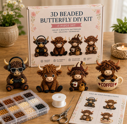 3D Highland Cow DIY Bead Kit – 4 Adorable Handmade Cow Designs Craft Set
