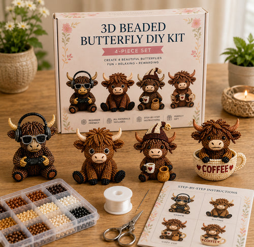 3D Highland Cow DIY Bead Kit – 4 Adorable Handmade Cow Designs Craft Set