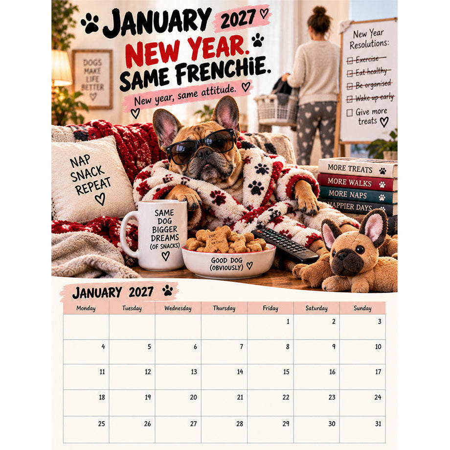 2027 French Bulldog Calendar – Funny Frenchie Wall Calendar, 12-Month Dog Calendar for French Bulldog Lovers