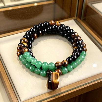 Tiger Eye & Obsidian & Green Aventurine Triple Protection Bracelet