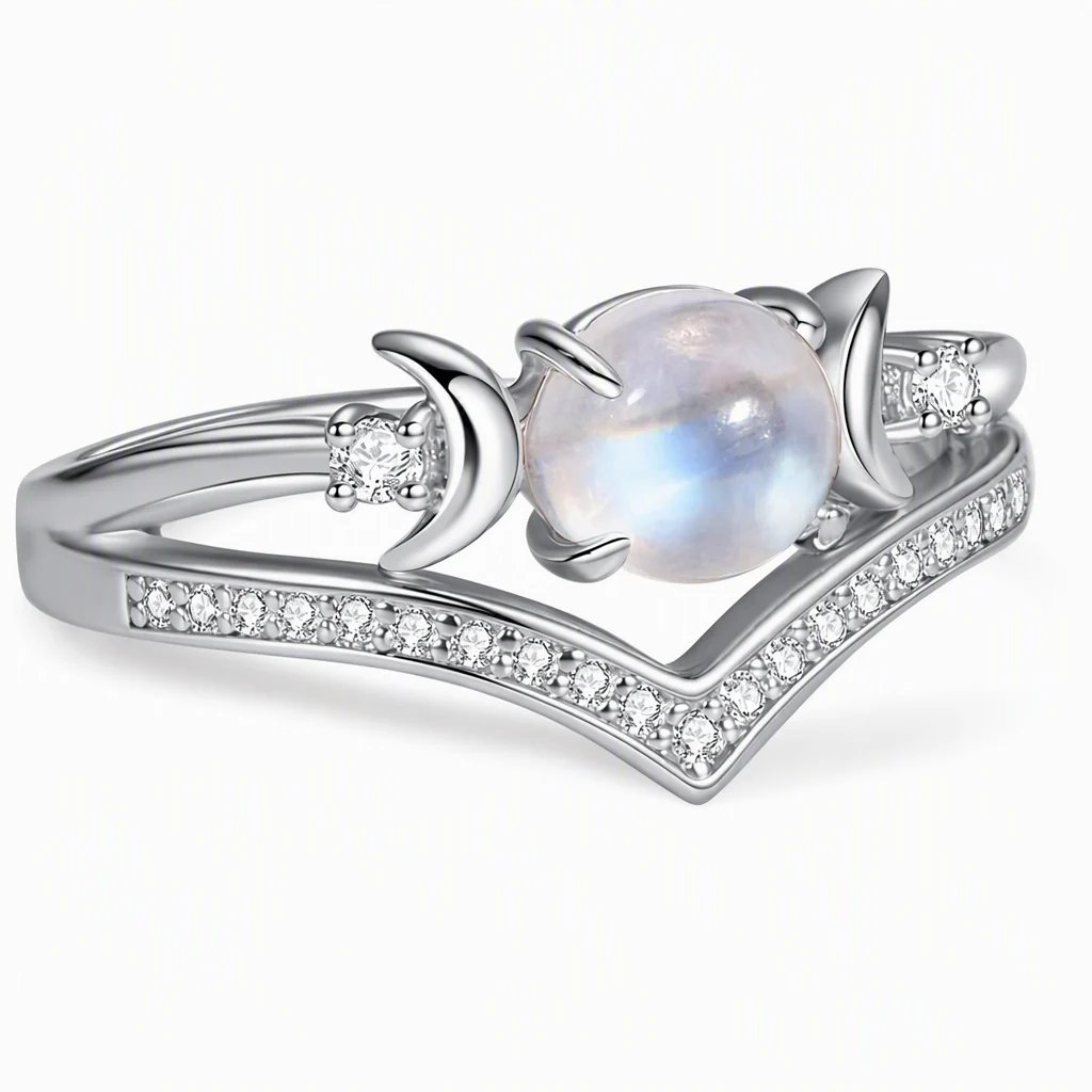 🌙✨ Vintage Gothic Crescent Moon Moonstone Ring – Platinum Plated V-Shaped Prong Setting, Pavé Sparkle & Ergonomic Comfort – Mystical Elegance for Every Day 💍
