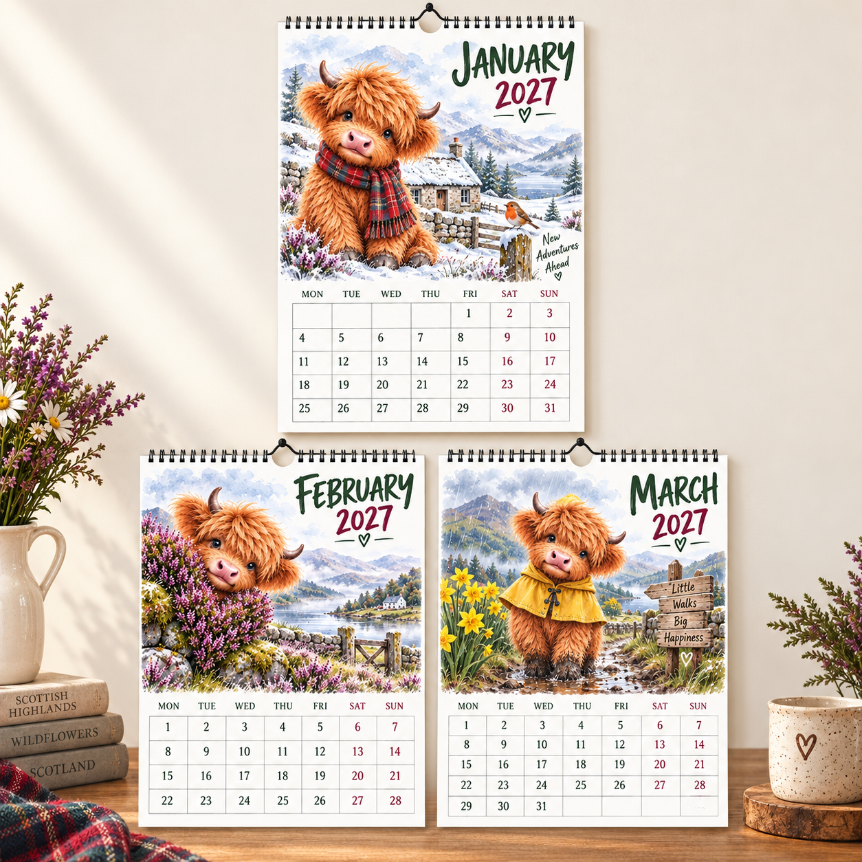 🐮Highland Hearts 2027 Wall Calendar – A Year of Cozy Scottish Highland Cow Charm