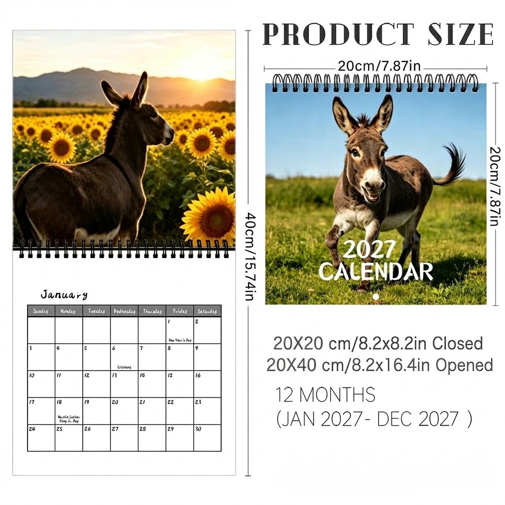 🫏2027 Donkey Wall Calendar – 12 Months of Gentle Donkey Portraits & Peaceful Countryside Moments