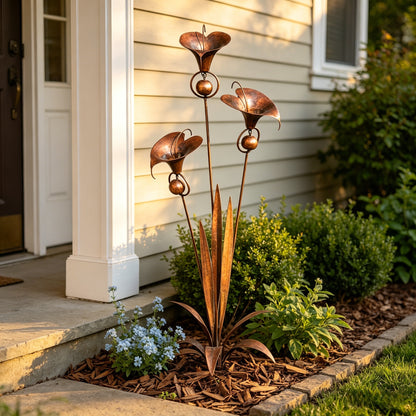 Flamed Copper Three Calla Lilies Garden Stake with Bells, 24" Handcrafted Outdoor Yard Art