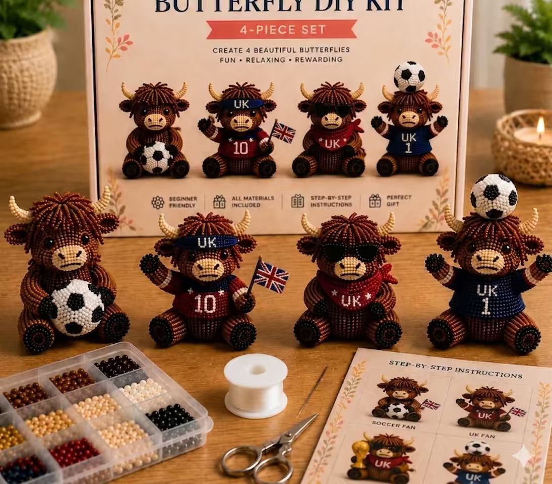 3D Highland Cow DIY Bead Kit – 4 Adorable Handmade Cow Designs Craft Set