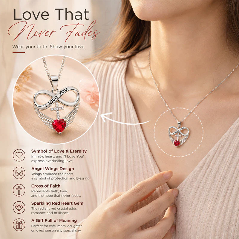 💖 I Love You Forever Heart Angel Wing Cross Necklace 💖