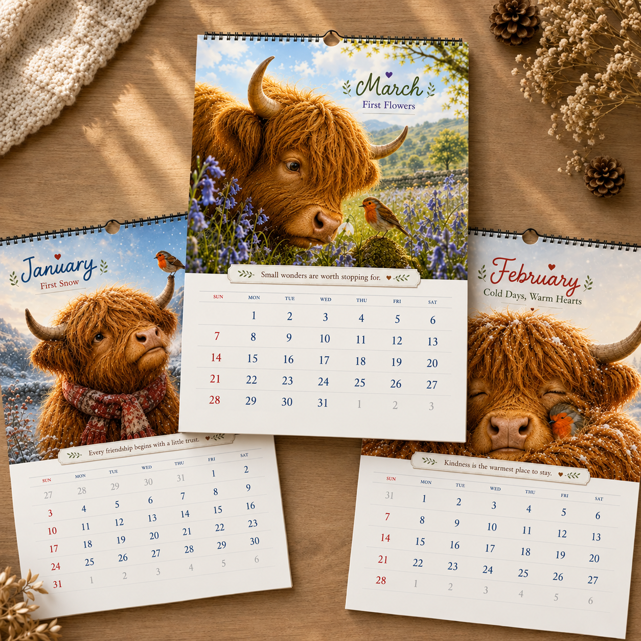 2027 Highland Cow & Robin Wall Calendar