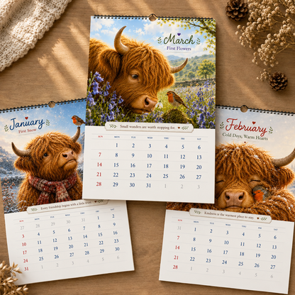 2027 Highland Cow & Robin Wall Calendar