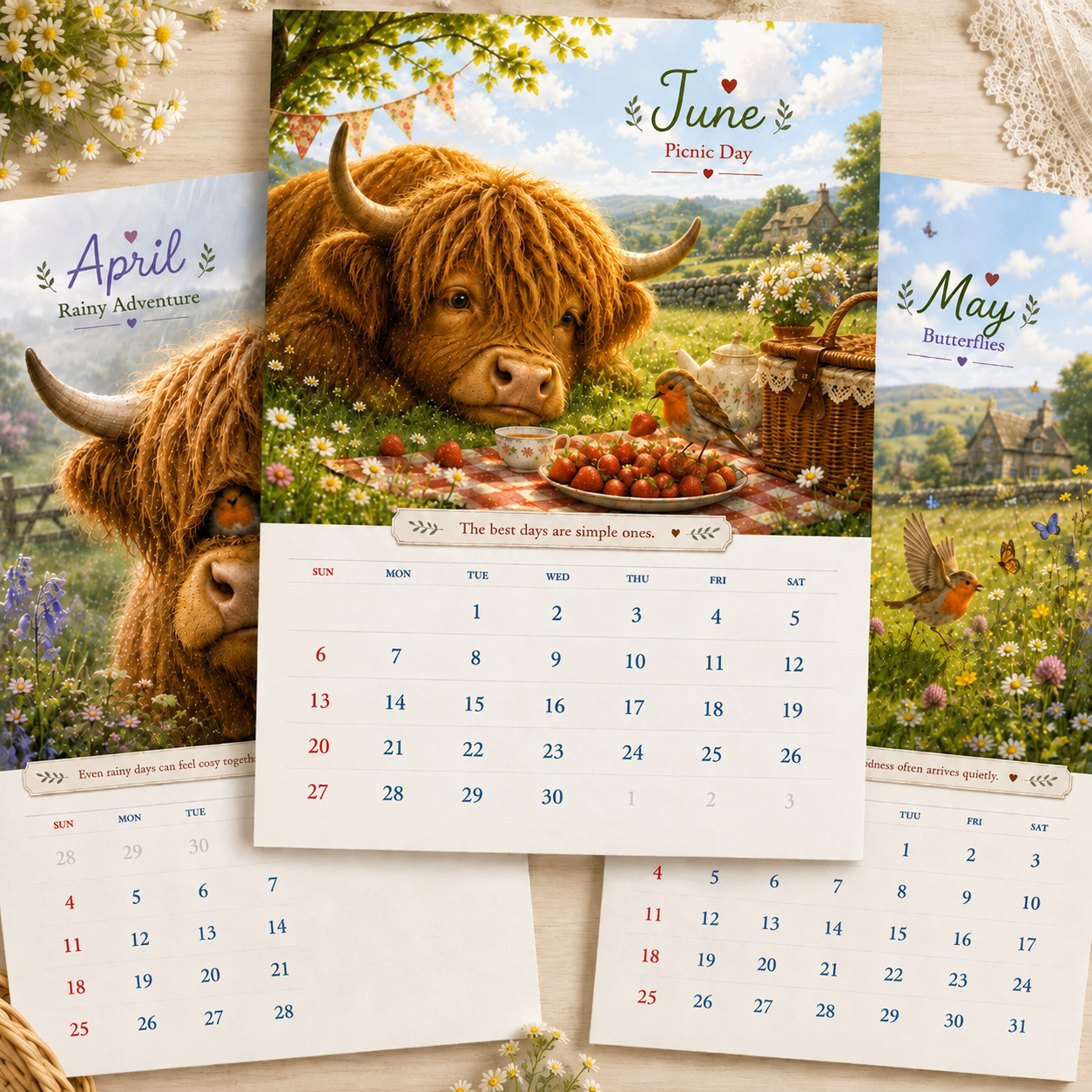 2027 Highland Cow & Robin Wall Calendar