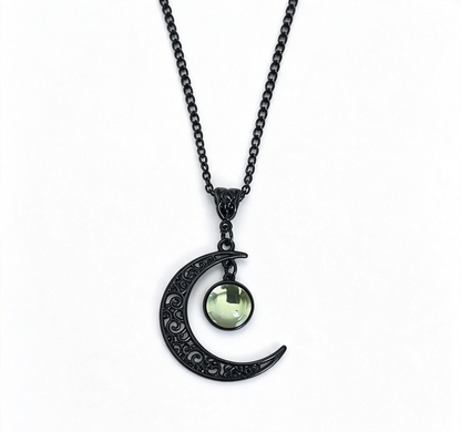 Gothic Dark Crystal Beaded Chain Necklace with Hollow Out Moon Alloy Pendant🖤🌙
