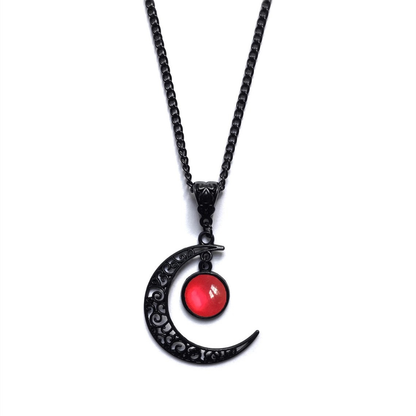 Gothic Dark Crystal Beaded Chain Necklace with Hollow Out Moon Alloy Pendant🖤🌙