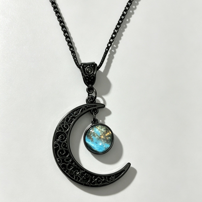 Gothic Dark Crystal Beaded Chain Necklace with Hollow Out Moon Alloy Pendant🖤🌙