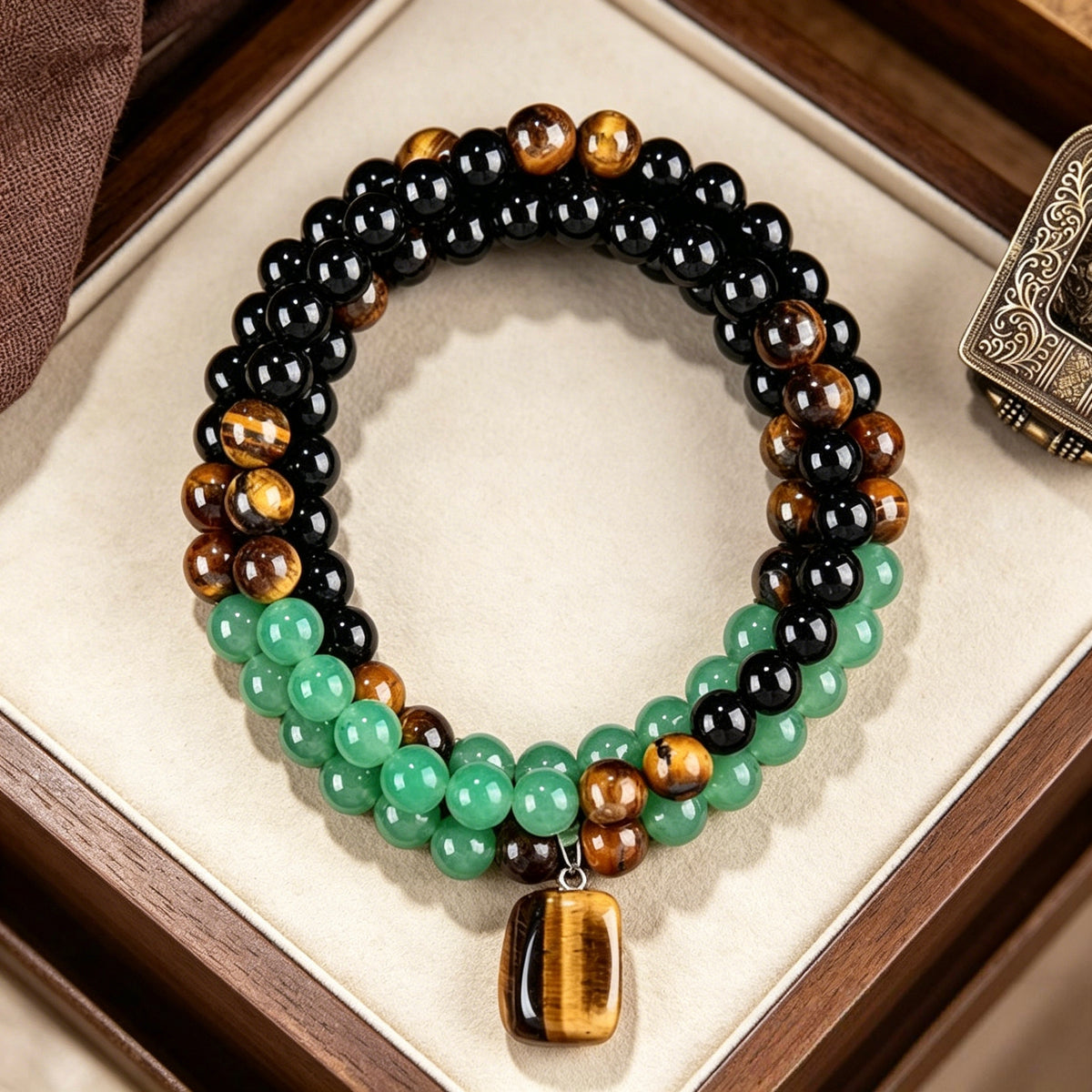 Tiger Eye & Obsidian & Green Aventurine Triple Protection Bracelet