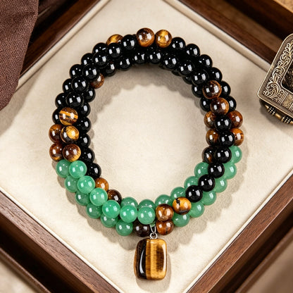 Tiger Eye & Obsidian & Green Aventurine Triple Protection Bracelet