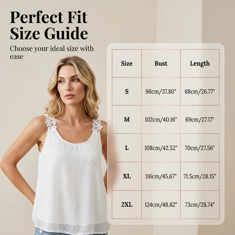 👚⏰ Elegant Dot Lace Strap Tank Top – Soft & breathable – Delicate lace straps, flattering fit – perfect for layering or summer chic 🌸