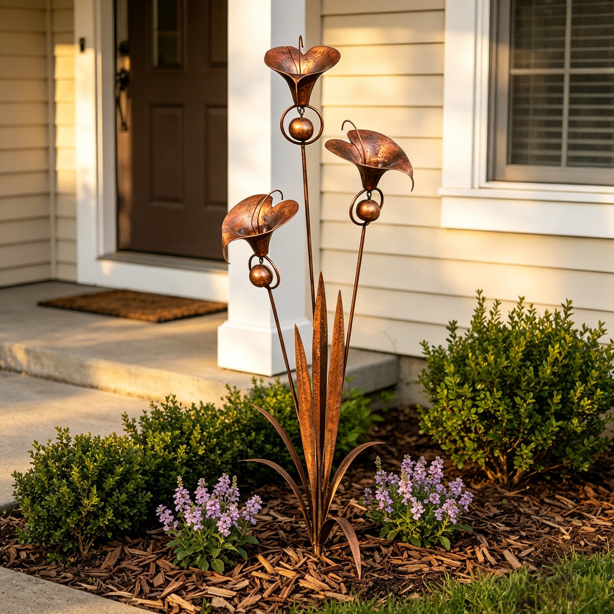 Flamed Copper Three Calla Lilies Garden Stake with Bells, 24" Handcrafted Outdoor Yard Art