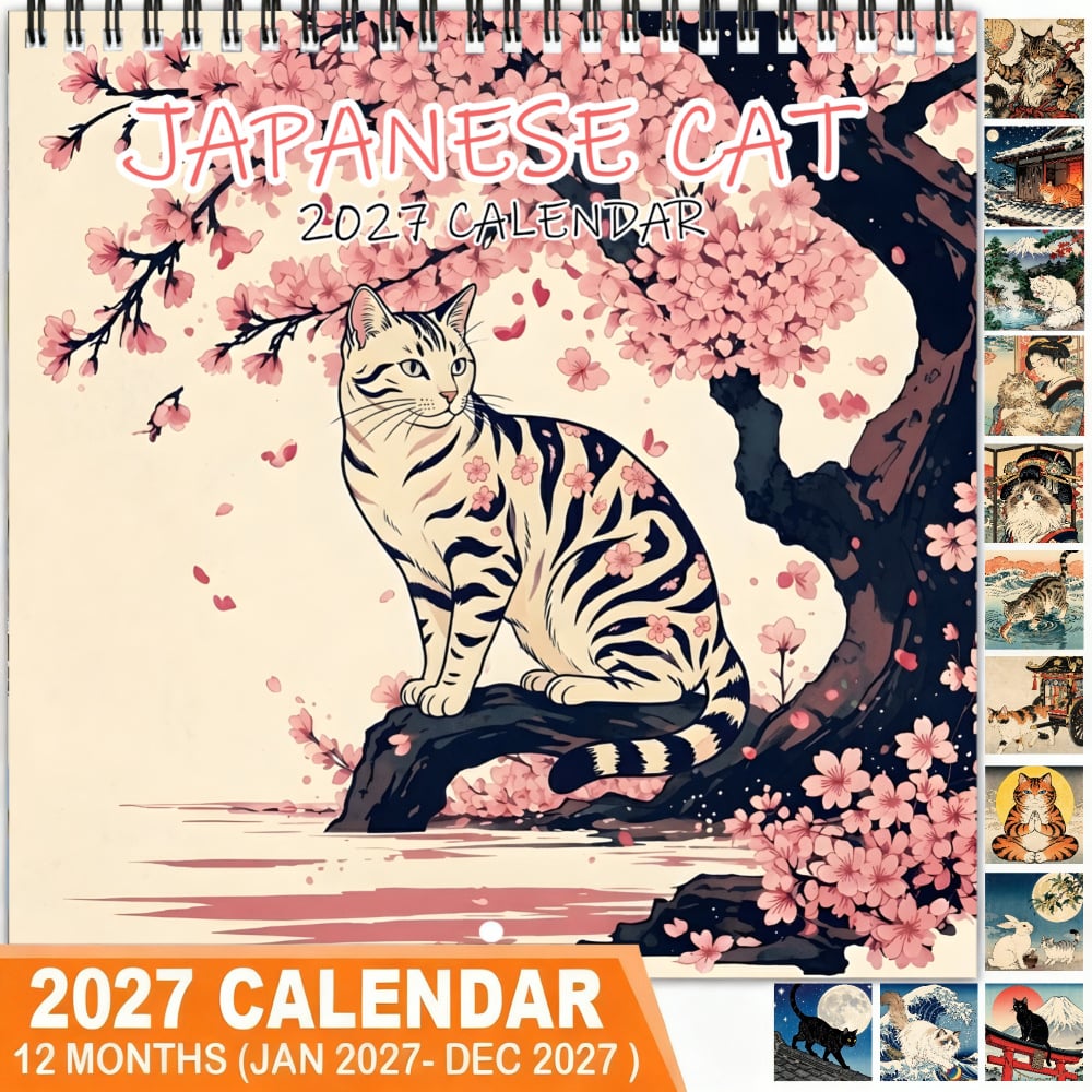 🐱 2027 Cat Wall Calendar, Cute Cherry Blossom Decor