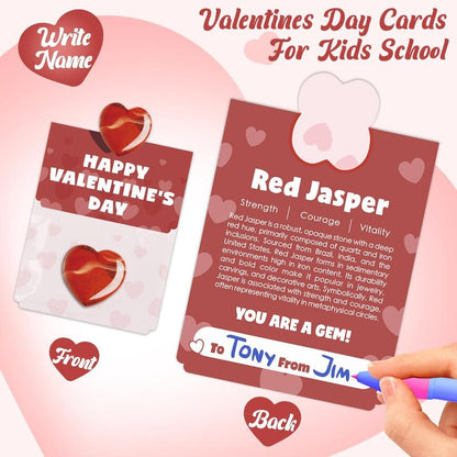 Valentine's Day Gem Gifts for Kids&Adults – 24 Pack Prefilled Cards with Heart-Shaped Gemstones