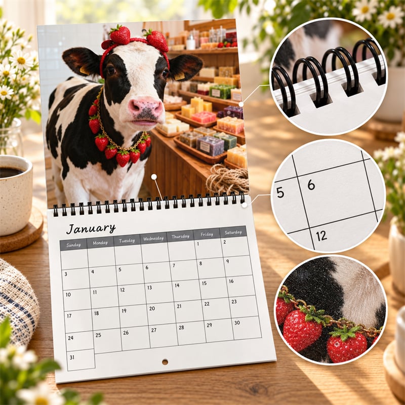 🐄 2027 Funny Cow Wall Calendar, 12-Month Spiral Planner With Notes