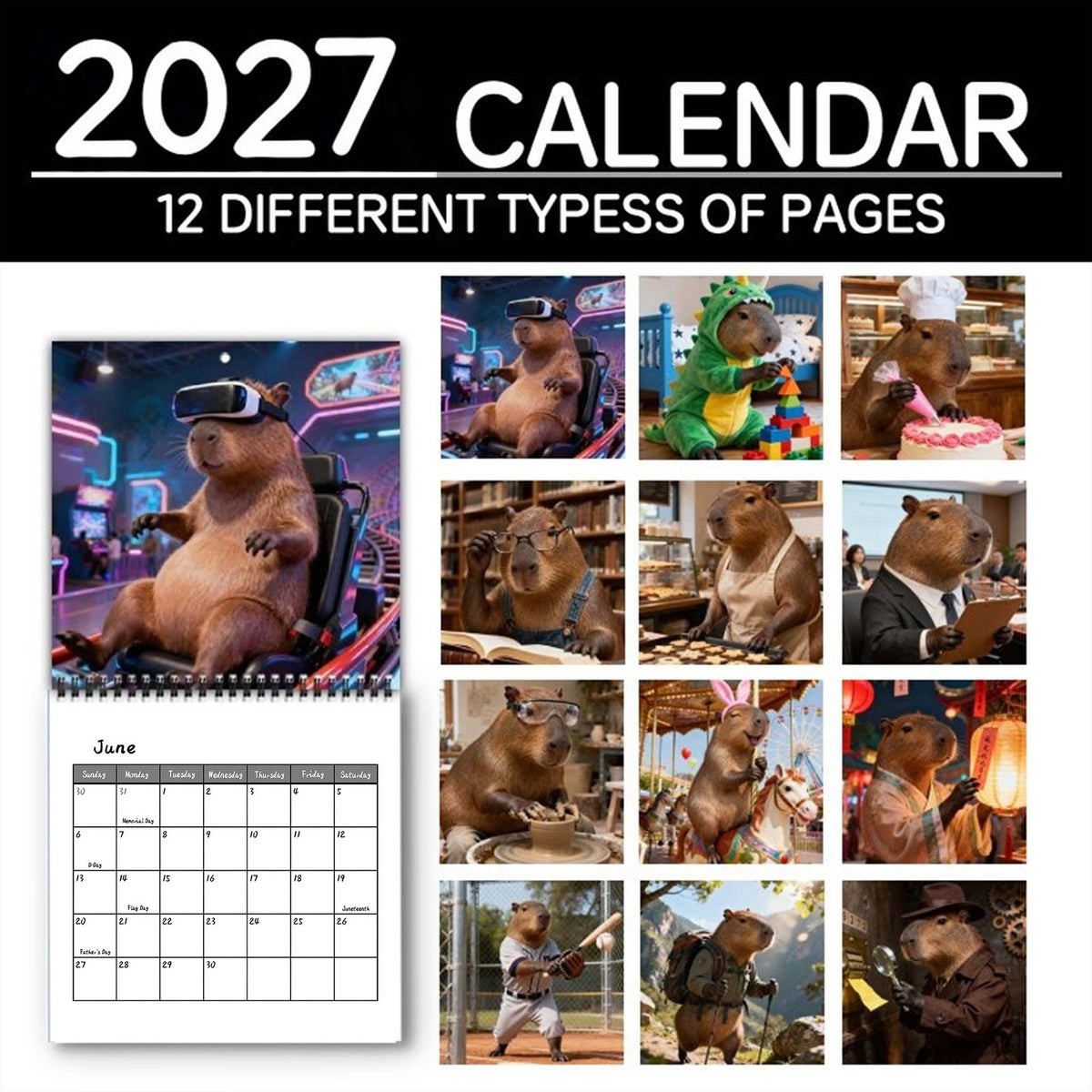 🔥😍📌 2027 Capybara Wall Calendar, Spiral Monthly Planner for Home
