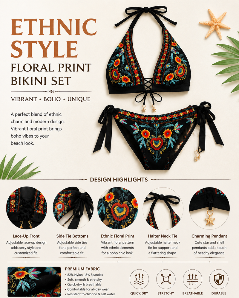 Ženski bikini set s cvjetnim printom u etničkom stilu