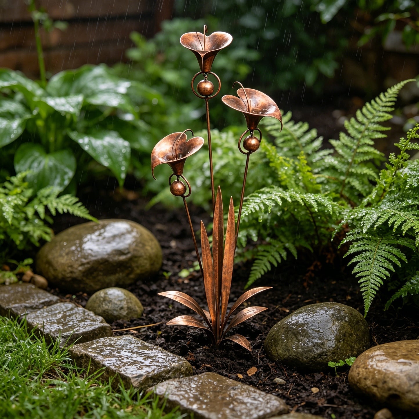 Flamed Copper Three Calla Lilies Garden Stake with Bells, 24" Handcrafted Outdoor Yard Art