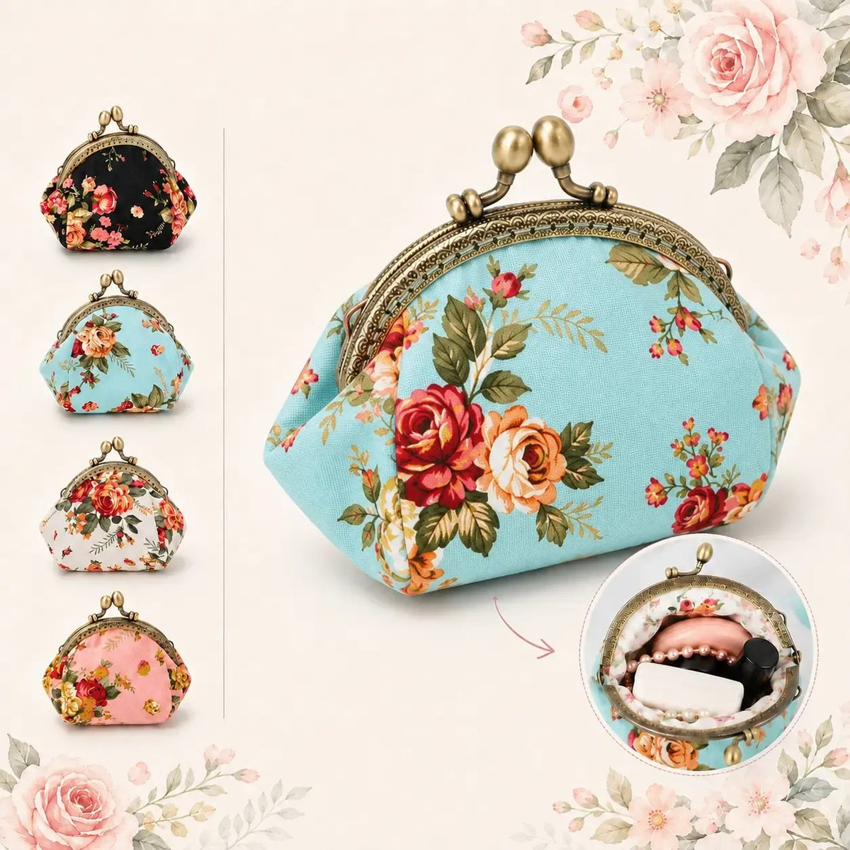 🌸Vintage Floral Kiss Lock Coin Purse, Large Capacity Mini Wallet & Card Holder for Cards