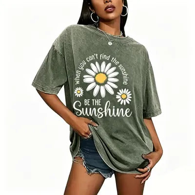 Women's Summer T-Shirt: Sunshine Graphic,solid colors, Double Stitching, Breathable, Loose Fit, Casual Basic Tee for Daily Wear💗