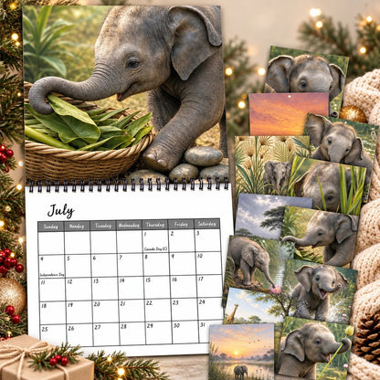Baby Elephant 2027 Wall Calendar – Cute Baby Elephant Art Calendar, Gift for Wildlife Animal Lovers