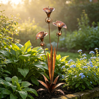 Flamed Copper Three Calla Lilies Garden Stake with Bells, 24" Handcrafted Outdoor Yard Art